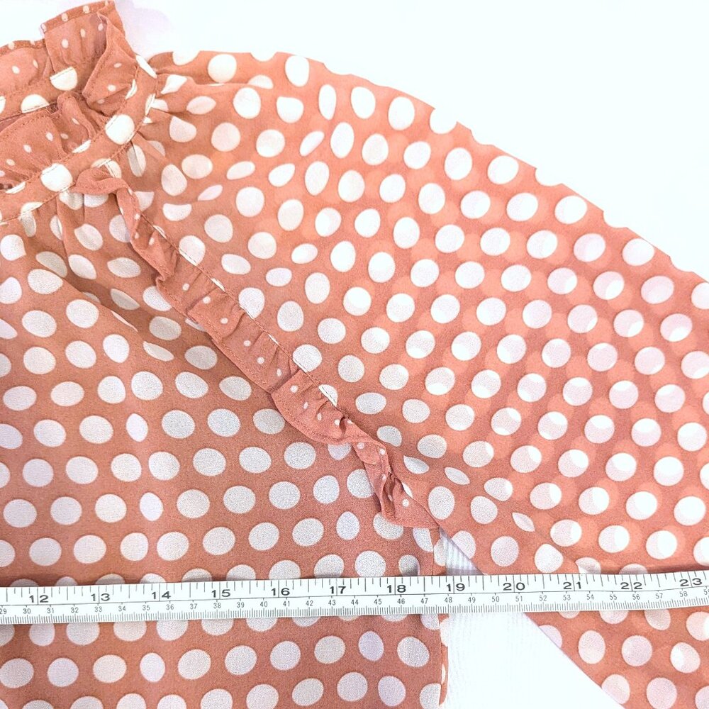 Rose + Olive | Pink Long Sleeve Ruffle Collar Polka Dot Blouse | Size Small - Picture 12 of 13